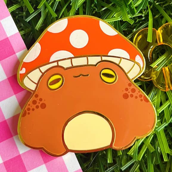 Mushroom Froggie Cottagecore Enamel Pin for wholesale by Peachie Kei
