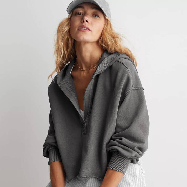 Suhkasana - Wholesale Hoodie - Women's - V-Neck Hooded Pullover Sweater Loose Fit Long Sleeve Top