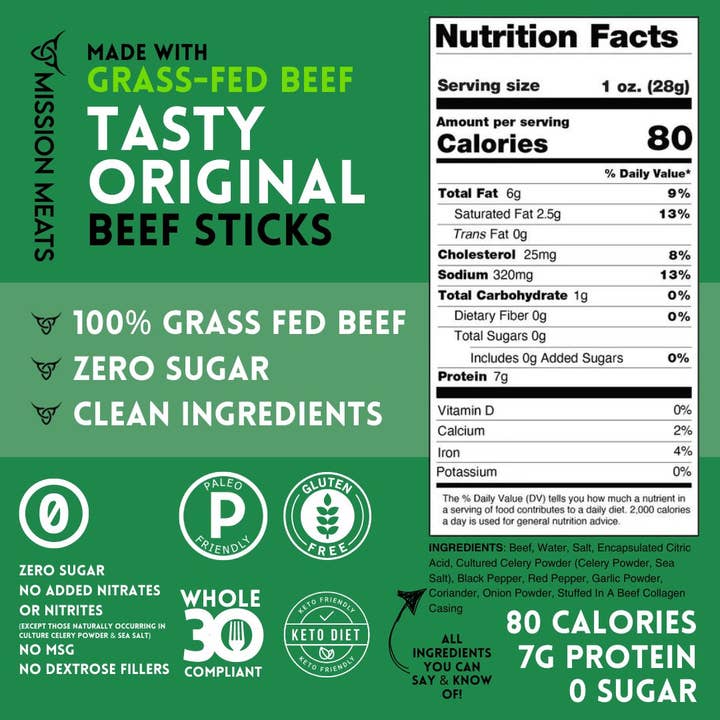 Mission Meats - Wholesale Jerky - Mission Meats Grass Fed Beef Sticks, Original (144 Sticks)