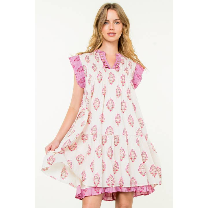 CREAM Sleeveless Pintuck Floral Print Dress for wholesale on Faire