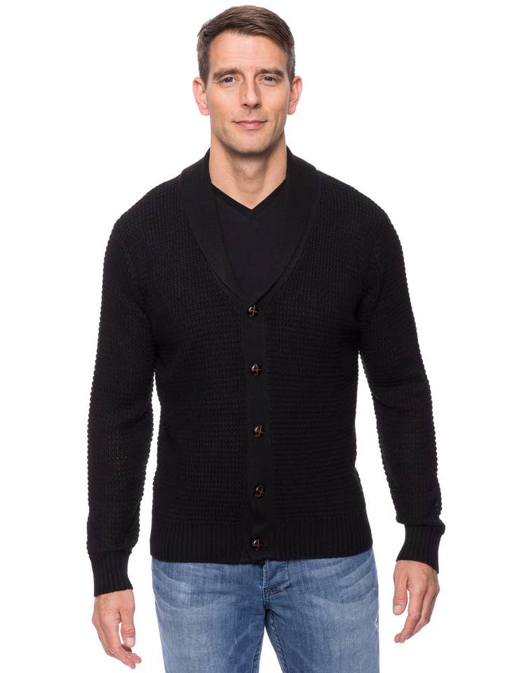 Uldblanding Sjalkrave Cardigan I Vaffelsøm - Sort for engroshandel hos Tocco Reale