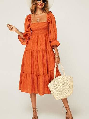 FS Collection – Engroshandel Kjole - Dame – Puff flæse ærme elastik detaljer Midi kjole i orange