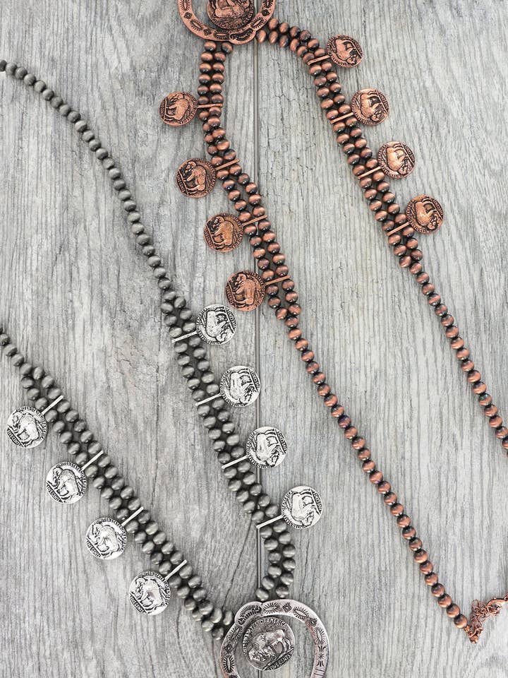 Navajo Pearl Beaded Buffalo Coin Squash Blossom Necklace for wholesale by SP Sophia Collection