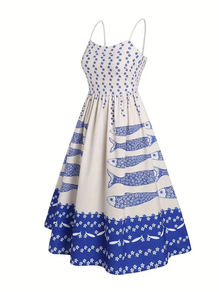 Rosa Clothing - Wholesale Dress - Women's - Ocean boho fish printed slip flared dress