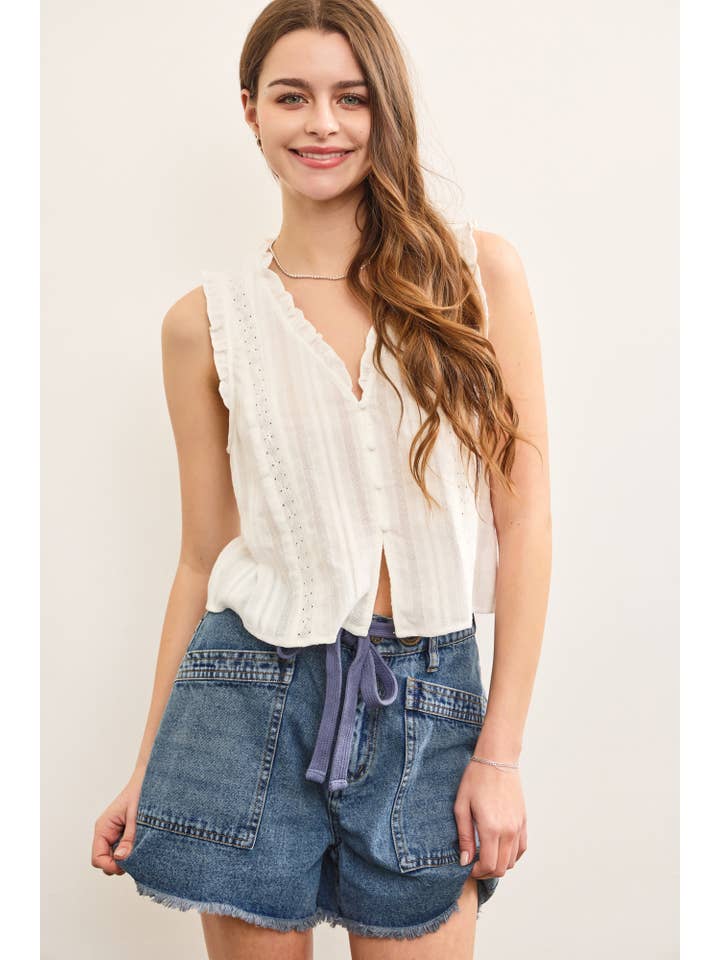 White RUFFLED V NECK BUTTON CLOSURE TOP for wholesale on Faire