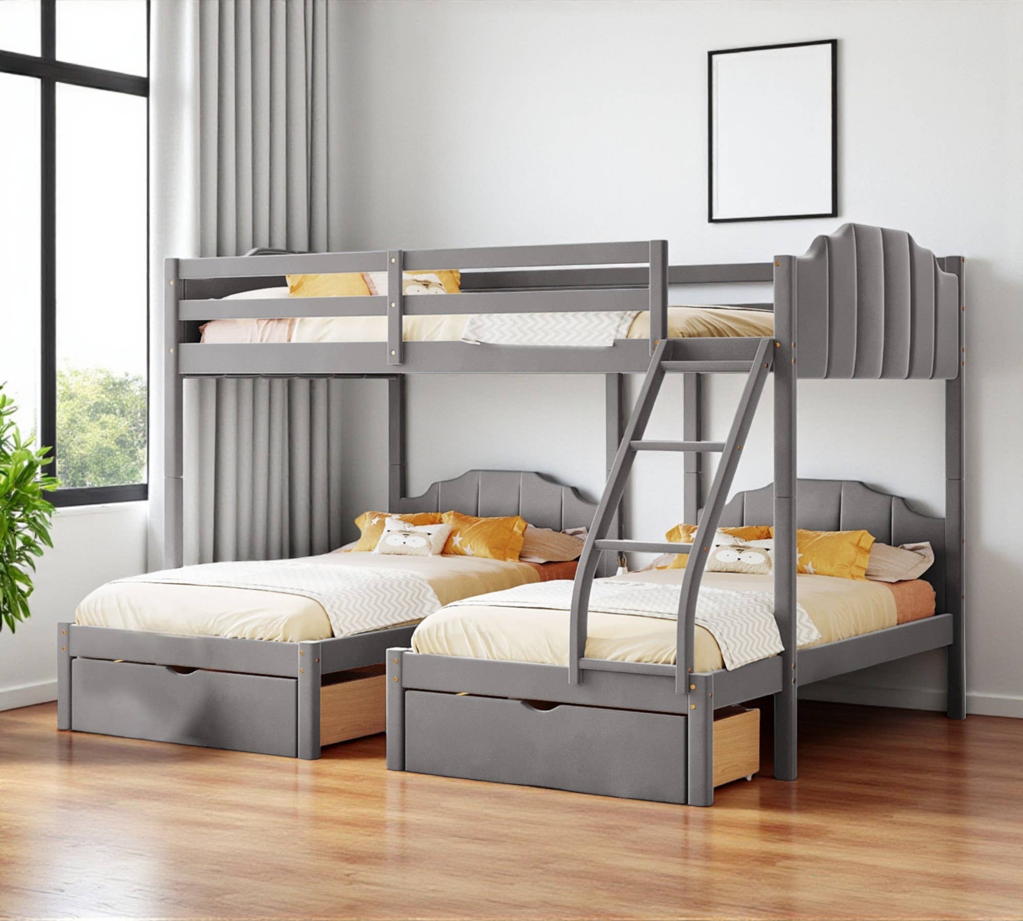 HomeRoots - Wholesale Bed - Gray Full Over Two Twins Solid Wood Bunk Bed With Drawers And Storage1