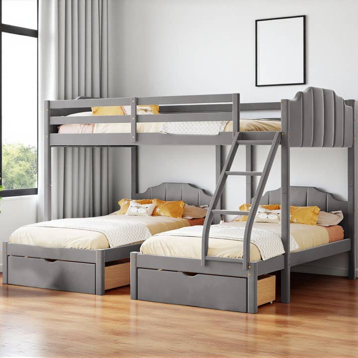HomeRoots - Wholesale Bed - Gray Full Over Two Twins Solid Wood Bunk Bed With Drawers And Storage1