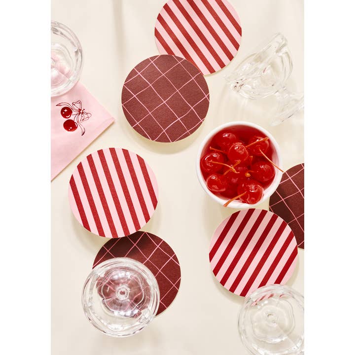 One & Only Paper - Wholesale Coasters - Pink and Maroon Striped Coaster - Set of 45
