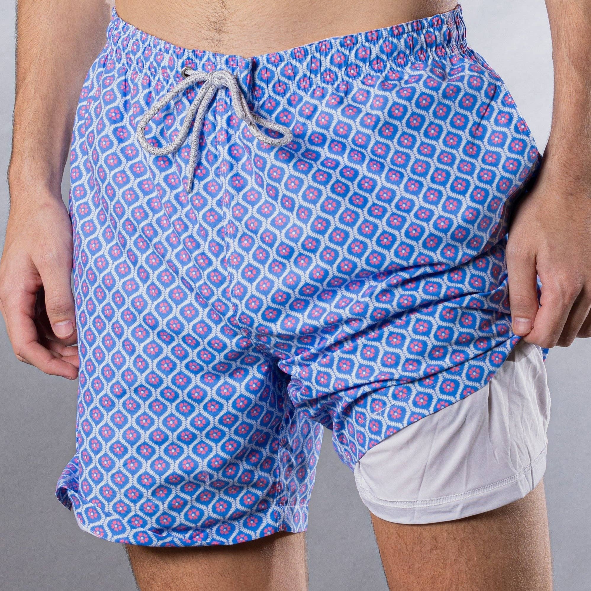 Let's Get This Thread - Wholesale Swim Shorts - Men's - Men's Mesh Liner Swim Trunks - Geo Blue/Pink1