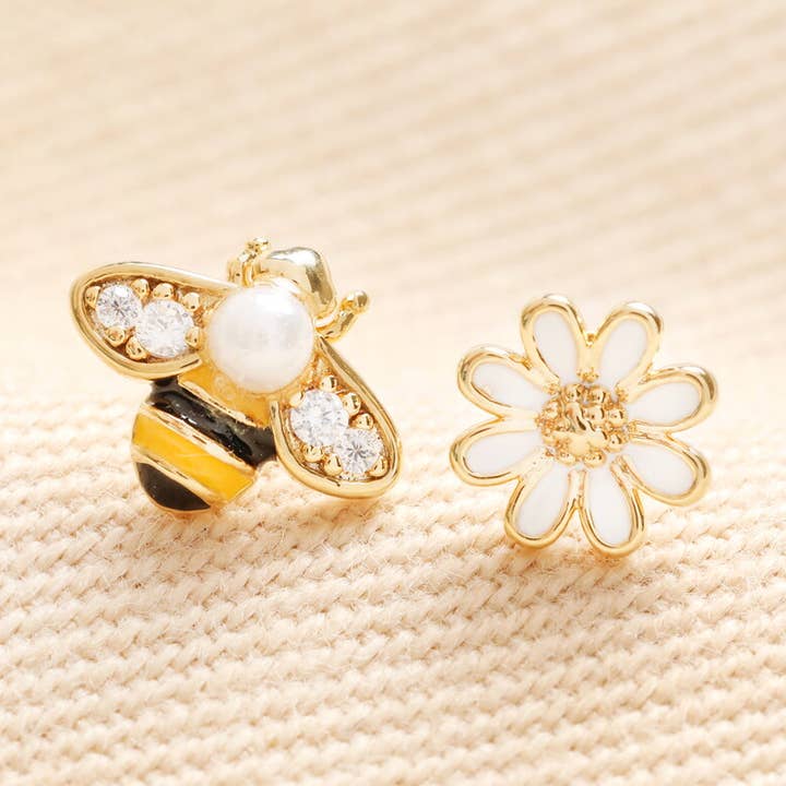 Asymmetrical Bee and Flower Stud Earrings in Gold for wholesale by Lisa Angel
