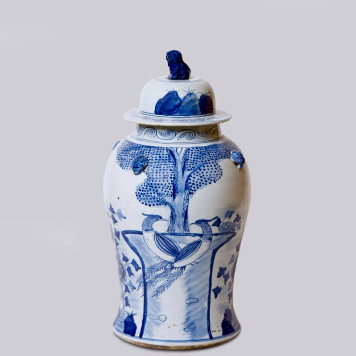 Phoenix Pair Blue & White Porcelain Temple Jar for wholesale by Cobalt Guild