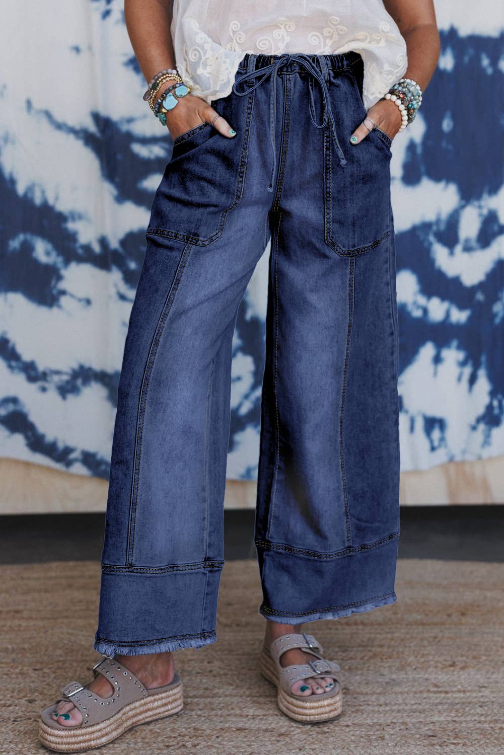 FULL TIME PURCHASE - Wholesale Jeans - Women's - Drawstring Seam Detail Raw Hem Wide Leg Denim Pants2
