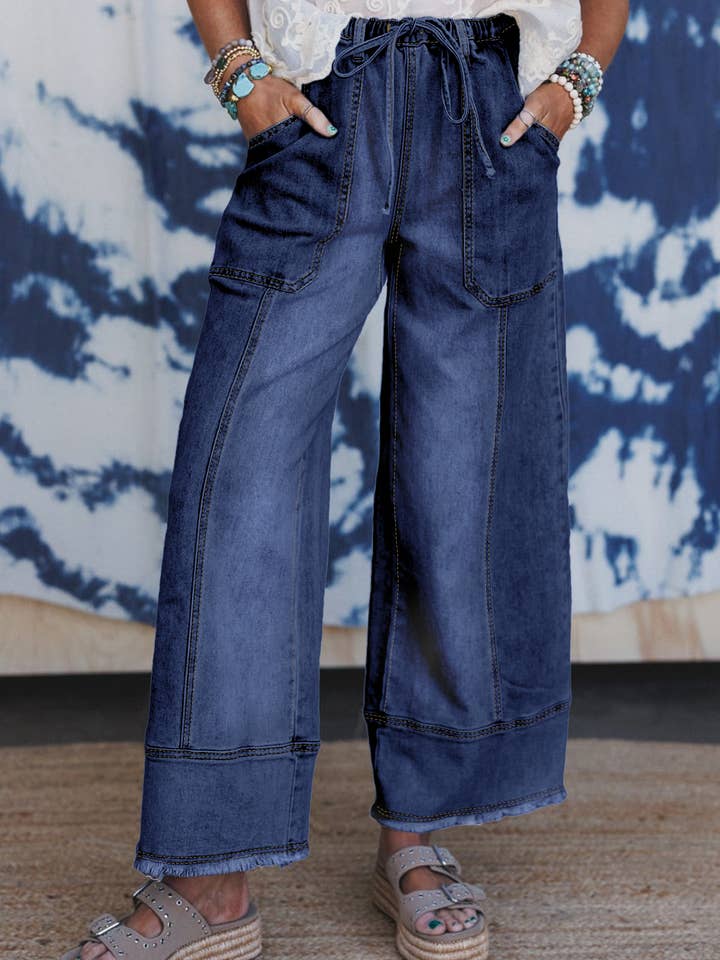 FULL TIME PURCHASE - Wholesale Jeans - Women's - Drawstring Seam Detail Raw Hem Wide Leg Denim Pants2