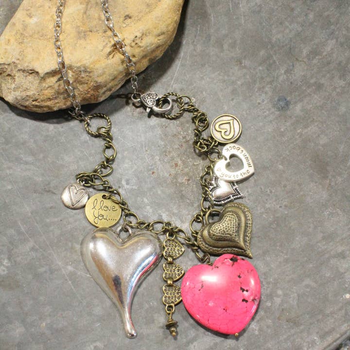 Pink Passion Stone Heart Charmed Necklace for wholesale by The Primitive Peddler, Inc.