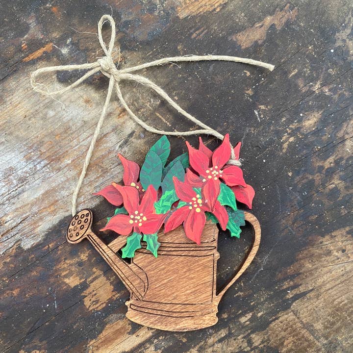 Vintage Watering Can Ornament with Handpainted Poinsettia for wholesale by Holly Hills Lane