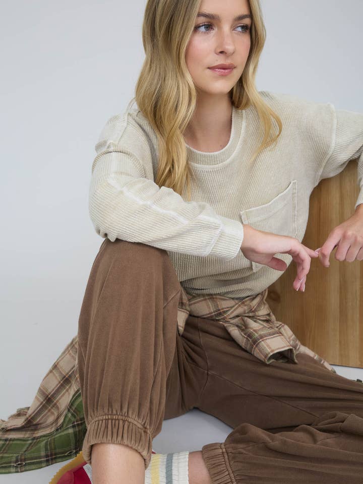 Blu Pepper - Wholesale Knit Top - Women's - WASHED POCKET DETAIL LONG SLEEVE RIB KNIT TOP5