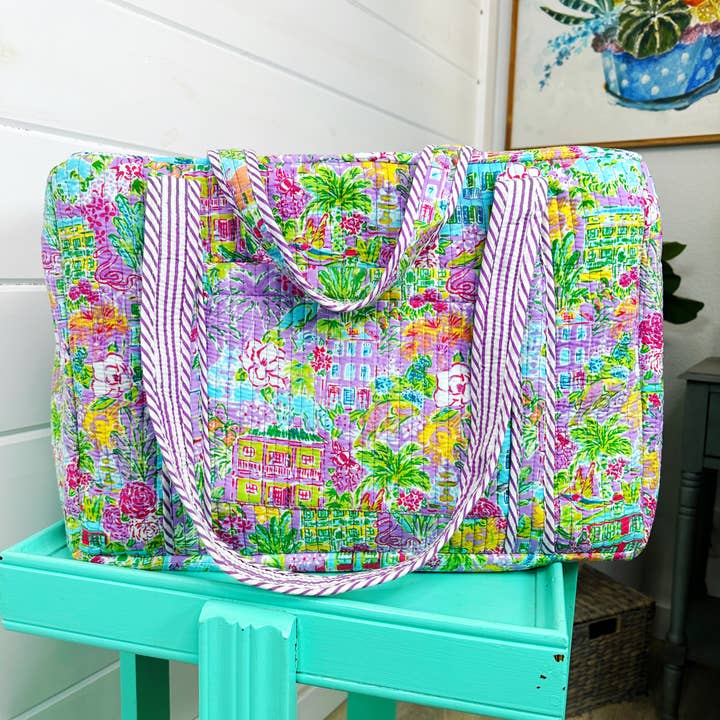 Handmade Quilted Duffle Bag - Southern Town Print Weekender and other Purchase Wholesale quilted duffle. Free Returns & Net 60 Terms on Faire trending on Faire.