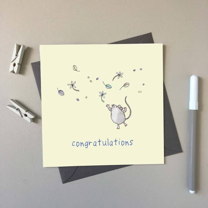 Mouse Celebrating hand-drawn Congratulations greeting card for wholesale by SJ. Vickery Designs Ltd.
