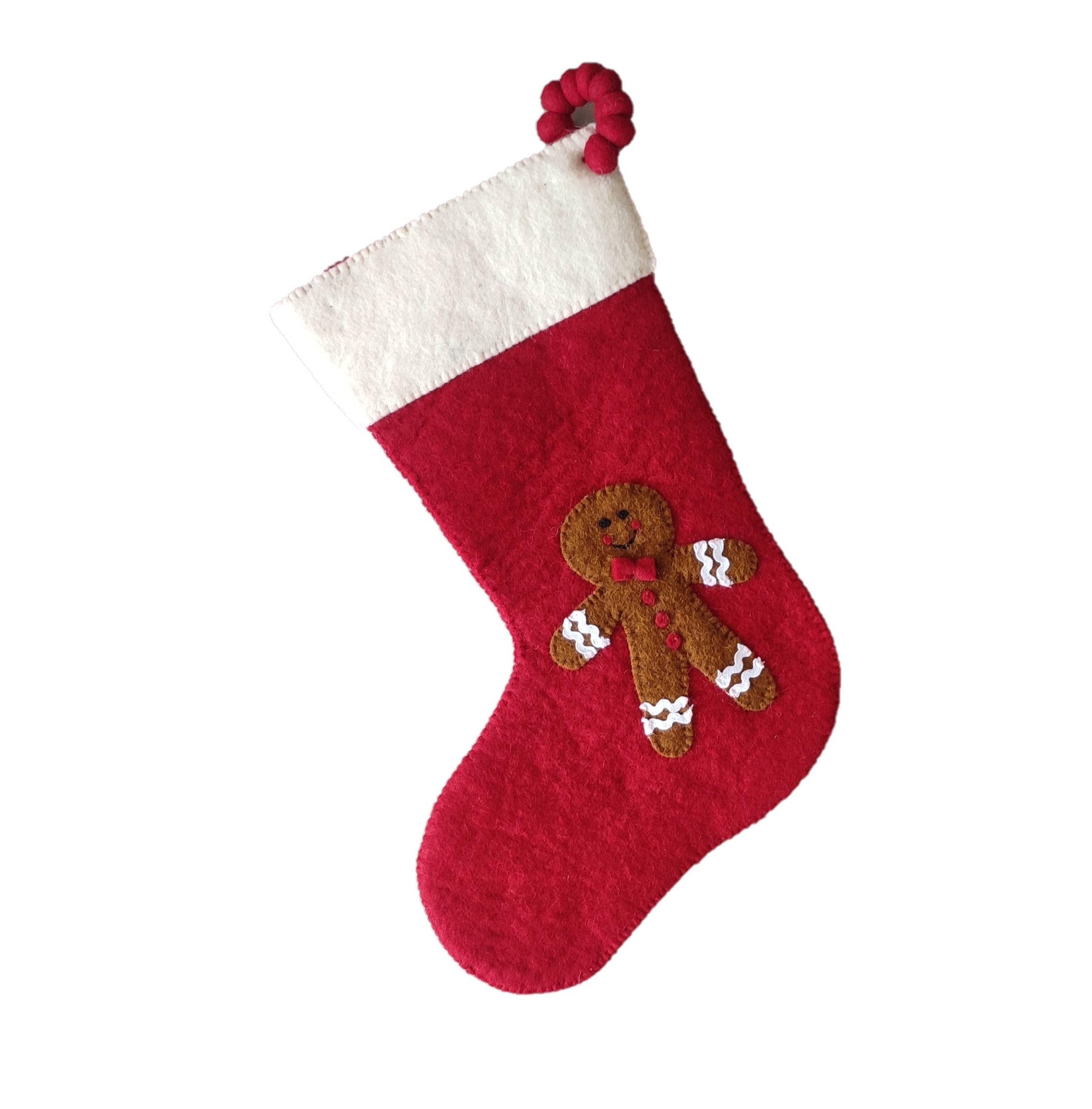 Arcadia Home - Wholesale Holiday Stocking - Gingerbread Boy - Red Christmas Stocking in Hand Felted Wool