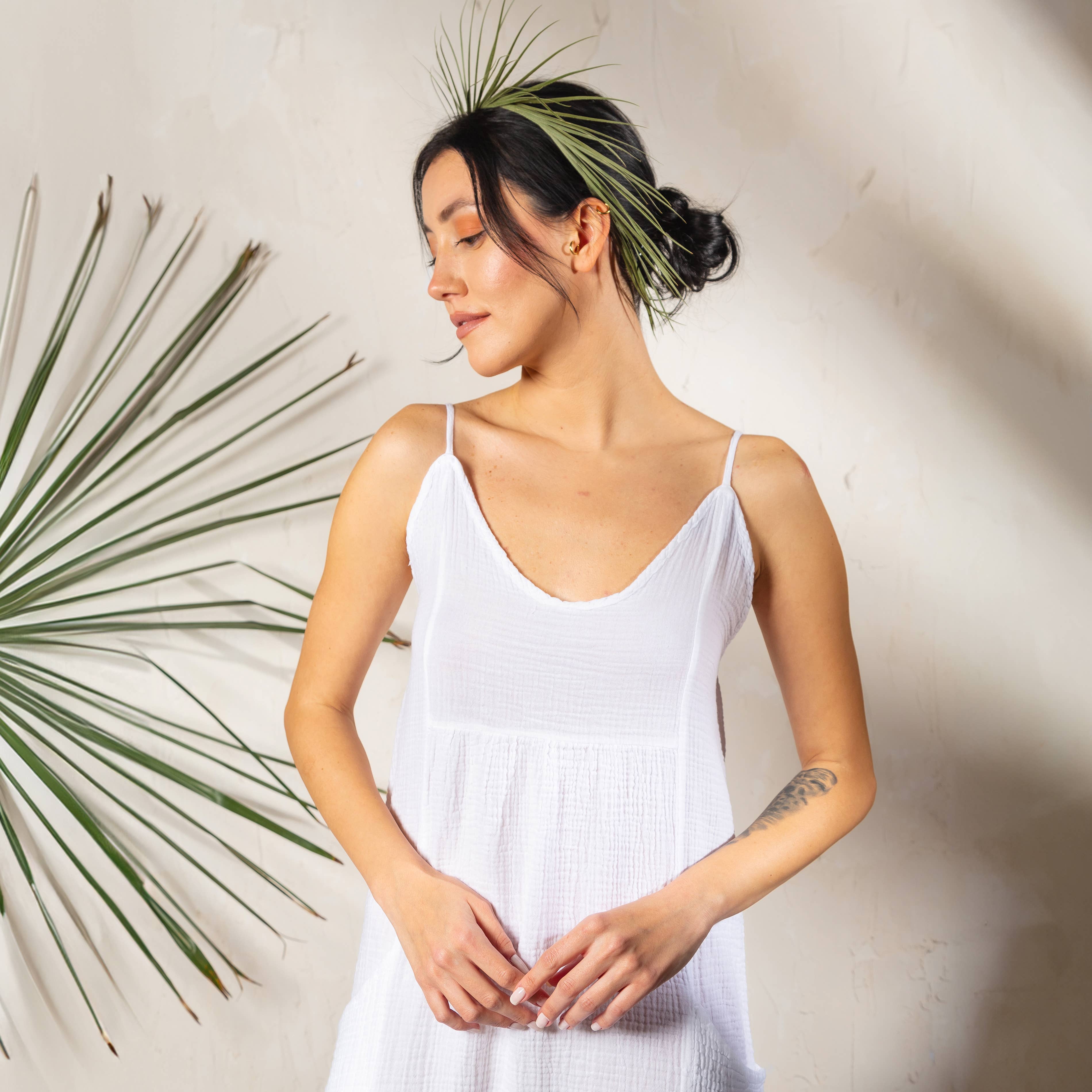 Moa - Wholesale Dress - Women's - Double Gauze White Strap Midi Dress