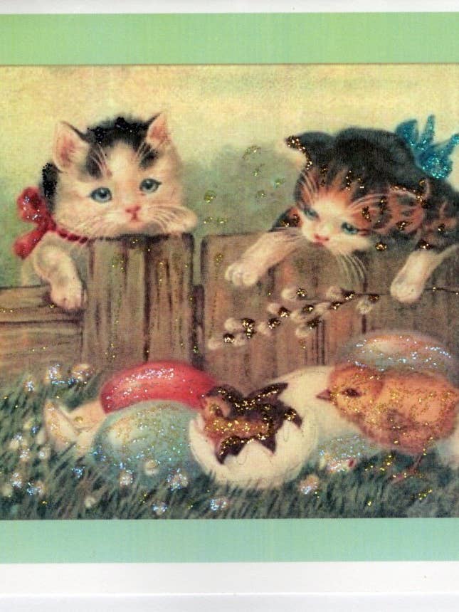 A Joyous Easter ~ Two Kittens & Hatching Chicks Glitter Card for wholesale by The Marble Faun Gifts