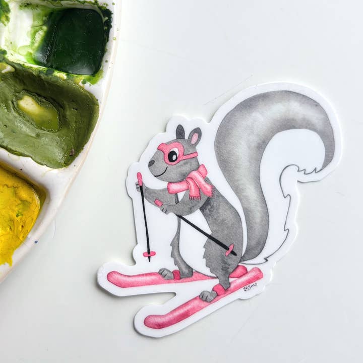 Skiing Squirrel Vinyl Sticker – Winter Animal Sport for wholesale by Owlfeathers Watercolor