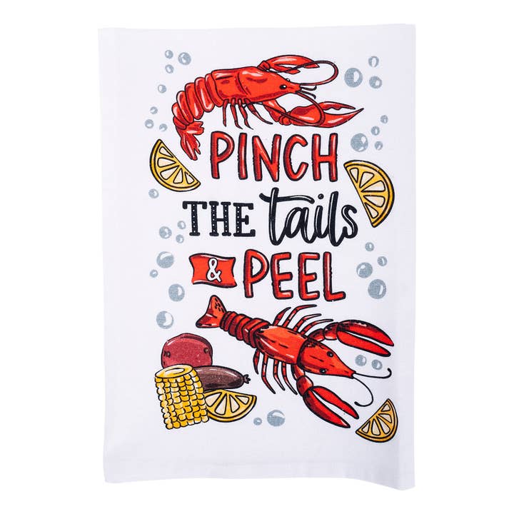 Pinch the Tails & Peel Crawfish Tea Towel for wholesale by Glory Haus