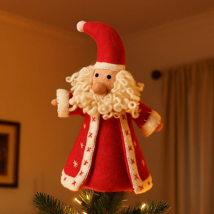 Handmade Felt Jolly Santa Christmas Tree Topper for wholesale by Felt So Good