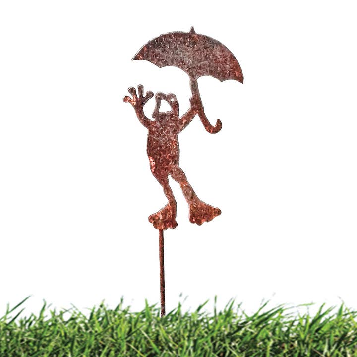 Mtl Rust/Nat Frog Pick Garden Art for wholesale by California Home & Garden
