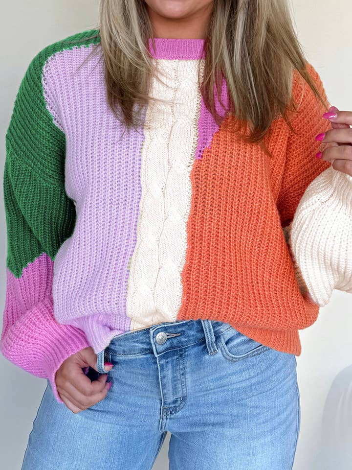 Pullover in Wüsten-Gold mit Farbblock, strukturierter Strick, überschnittene Schultern, lockere Passform für den Großhandel von Sweet Lover Fashion