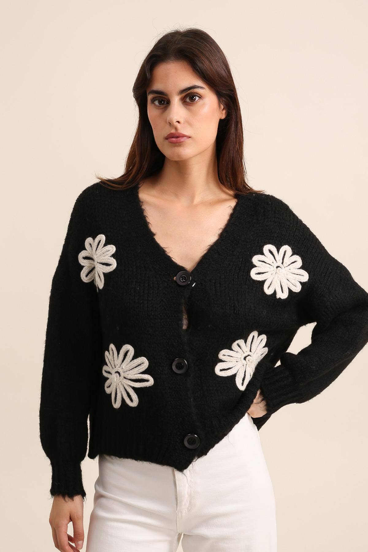LÉA & LUC - Vente Cardigan – femme - Gilet cardigan col en V et motif fleur REF. 3077932