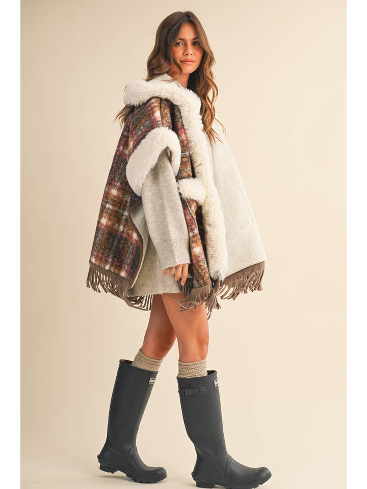 BROWN COMBO IJ1664 PLAID FRINGED FAUX FUR TRIM OVERSIZED CAPE COAT for wholesale on Faire2