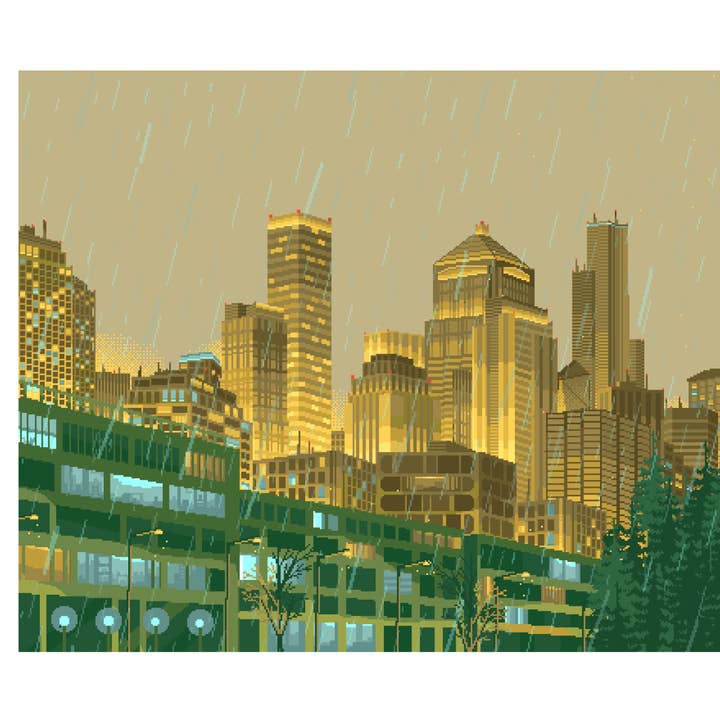 Seattle Pixel Art Print - Rainy Downtown 6x8 for wholesale by my_art_bytes