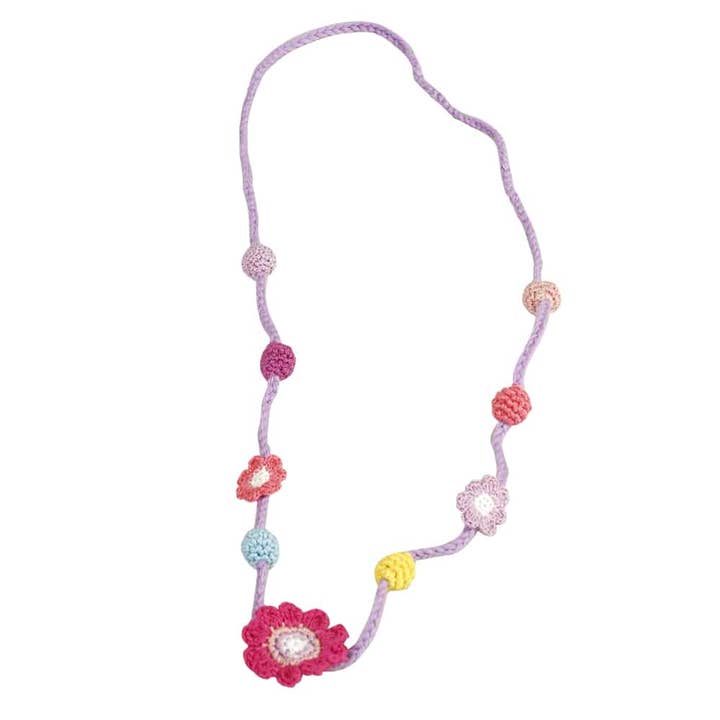 Crocheted necklace with flowers and pearls (coral colored) for wholesale by SindiBaba