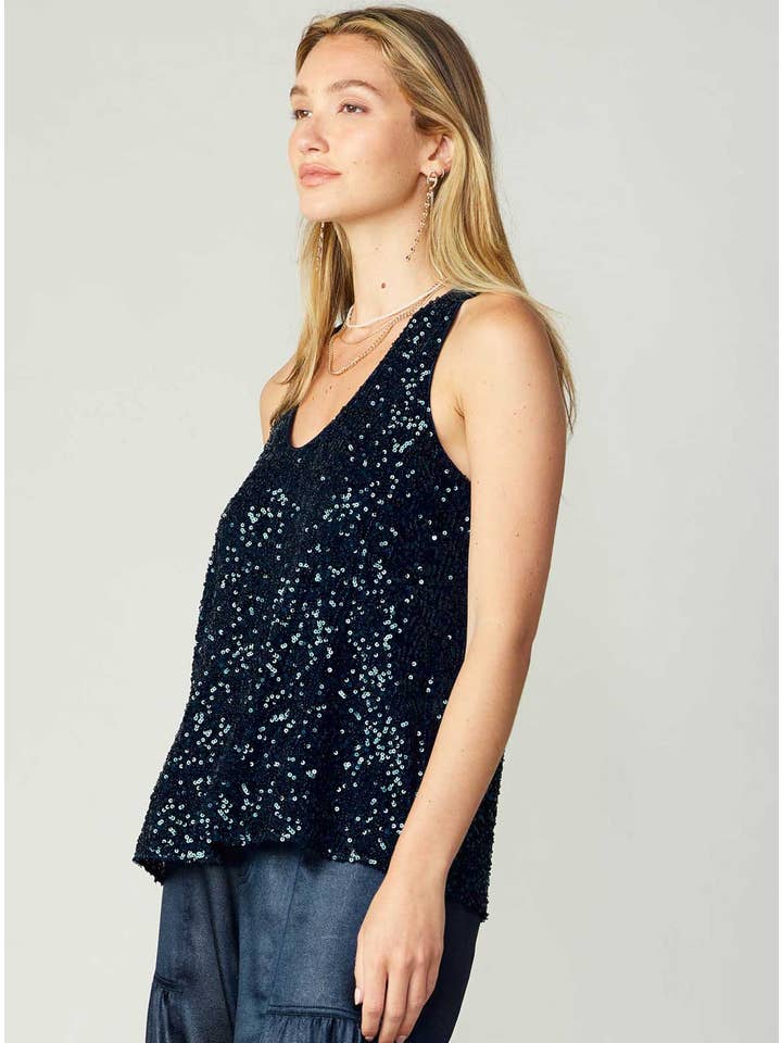 Sapphire Blue Sleeveless Round Neck Sequin Top for wholesale on Faire1