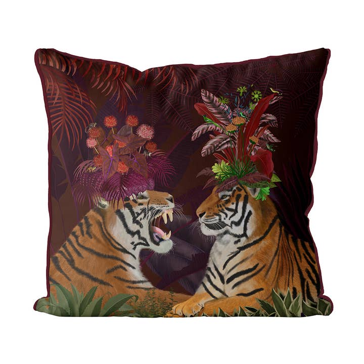 Hot House Tiger Red or Blue Tropical Cushion/Throw Pillow for wholesale by FabFunky Ltd
