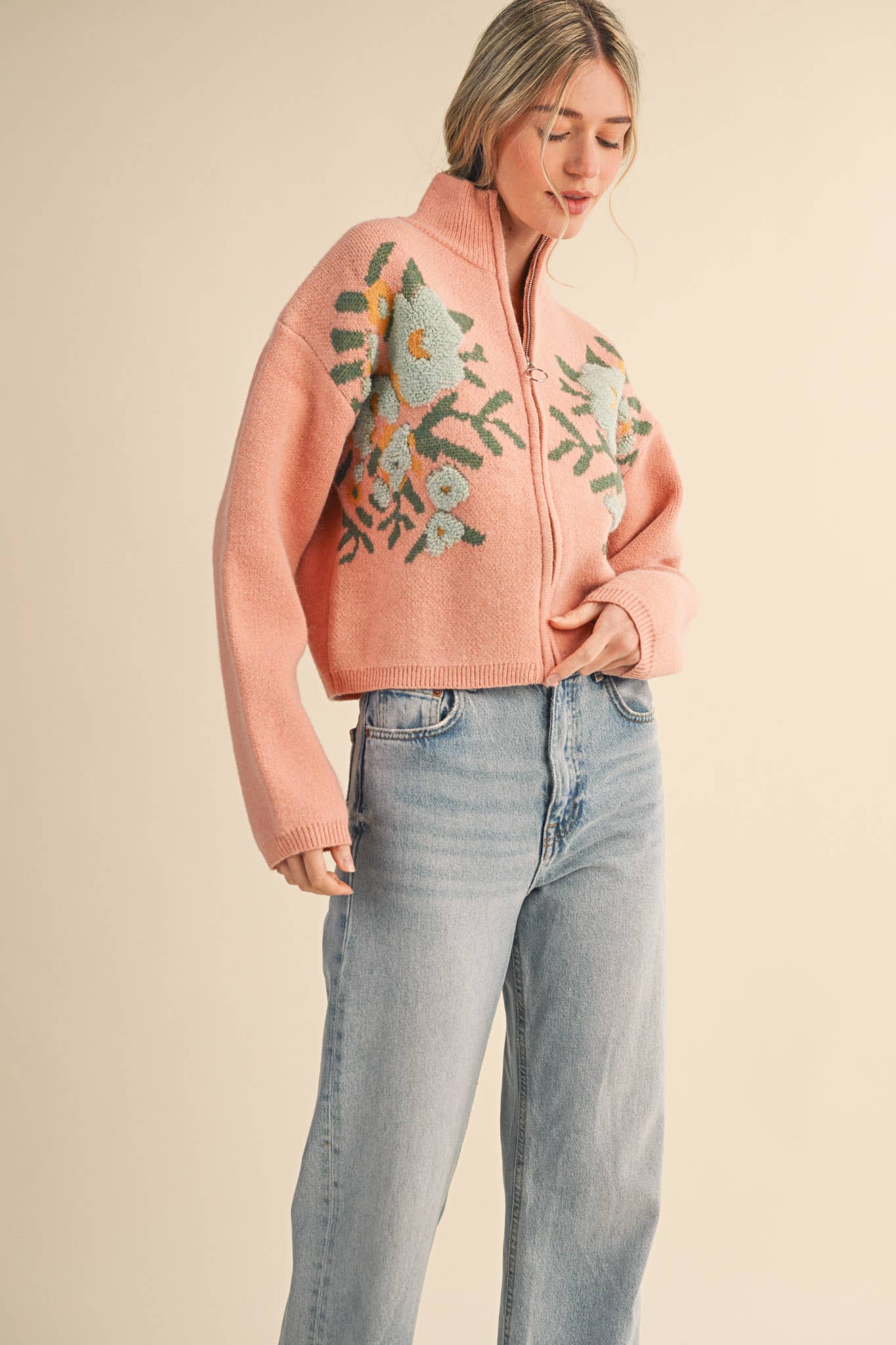 &MERCI - Wholesale Cardigan - Women's - FLORAL ZIP UP SWEATER CARDIGAN MSW1118812