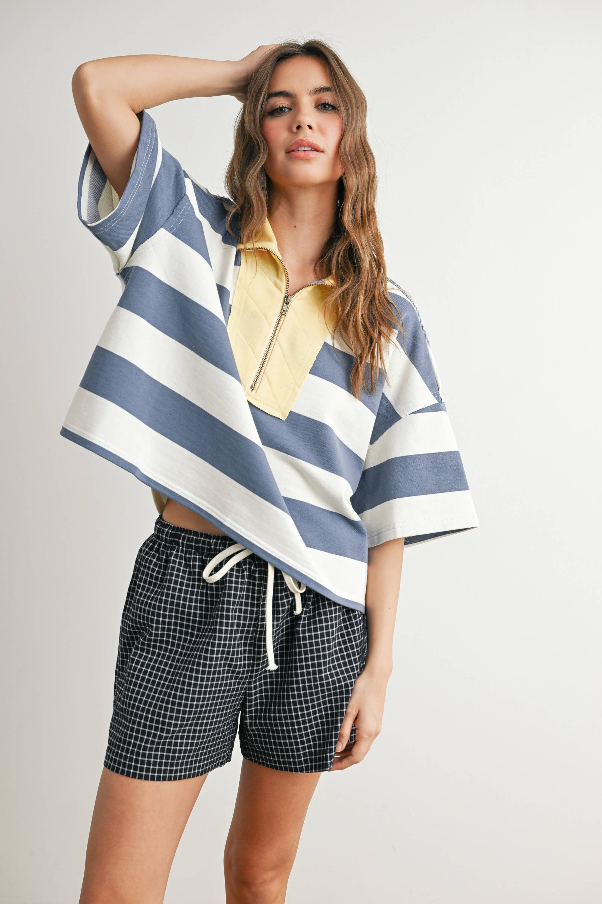 BLUE MULTI Oversized Striped Zip-Up Polo Shirt - BMT7711 for wholesale on Faire2