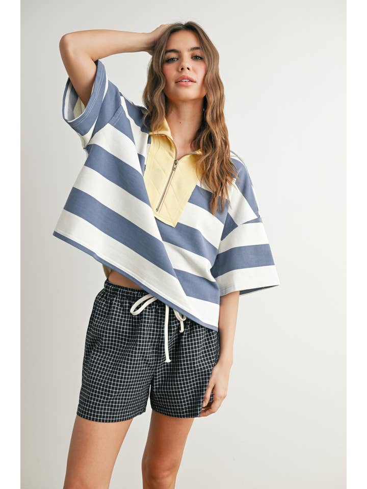 BLUE MULTI Oversized Striped Zip-Up Polo Shirt - BMT7711 for wholesale on Faire2