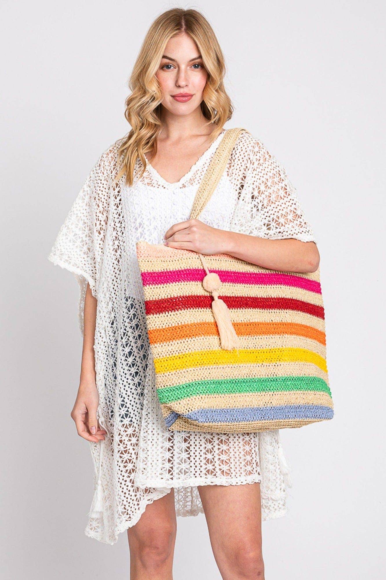 MiMi Wholesale - Wholesale Tote Bag - Women's - Amara Striped Crochet Women's Tote Bag with Tassel5