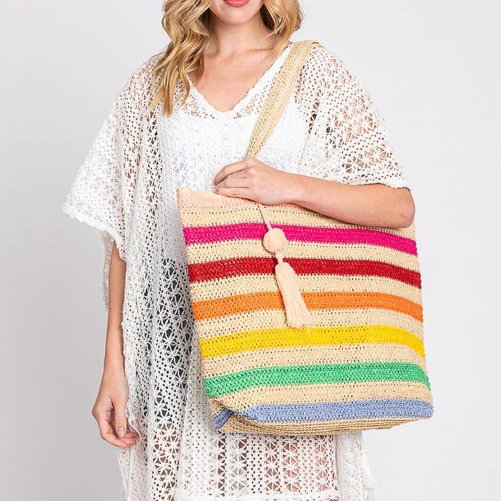 MiMi Wholesale - Wholesale Tote Bag - Women's - Amara Striped Crochet Women's Tote Bag with Tassel5