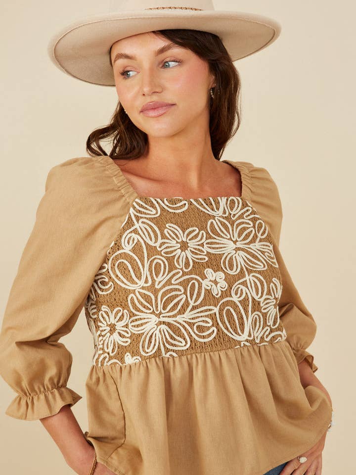 Taupe Womens Floral Embroidered Mix Media Peplum Top for wholesale on Faire1