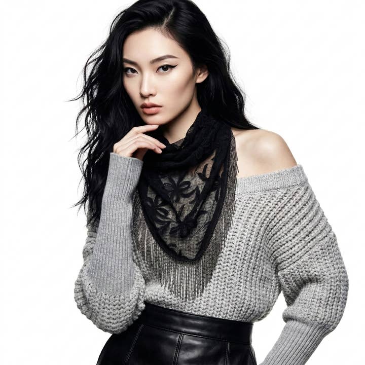 Black Lace Fringed Triangular Shawl for wholesale by Sumie Tachibana