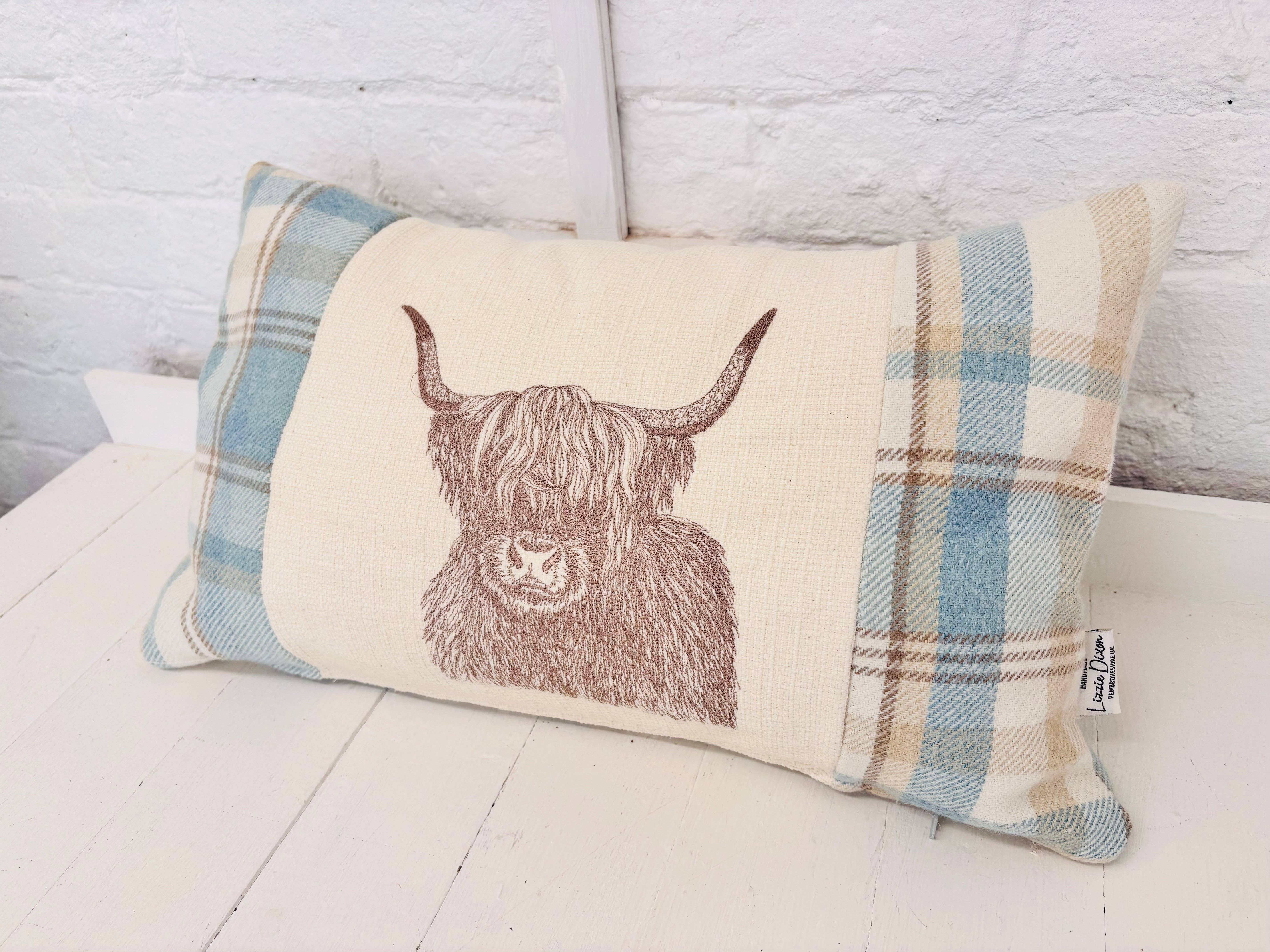 Lizzie Dixon Designs – wholesale Throw/decorative pillow – Highland Cow Cushion- Skye Blue wool Long Cushion2