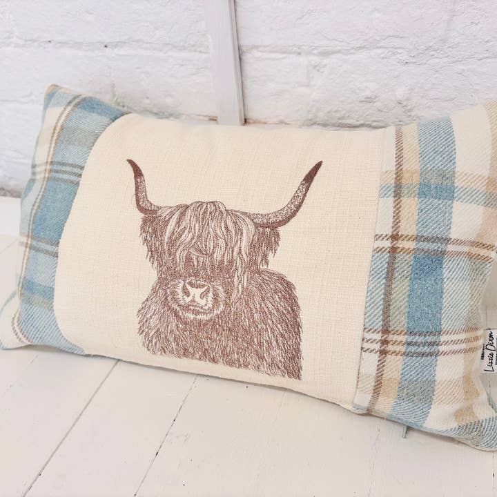 Lizzie Dixon Designs – wholesale Throw/decorative pillow – Highland Cow Cushion- Skye Blue wool Long Cushion2