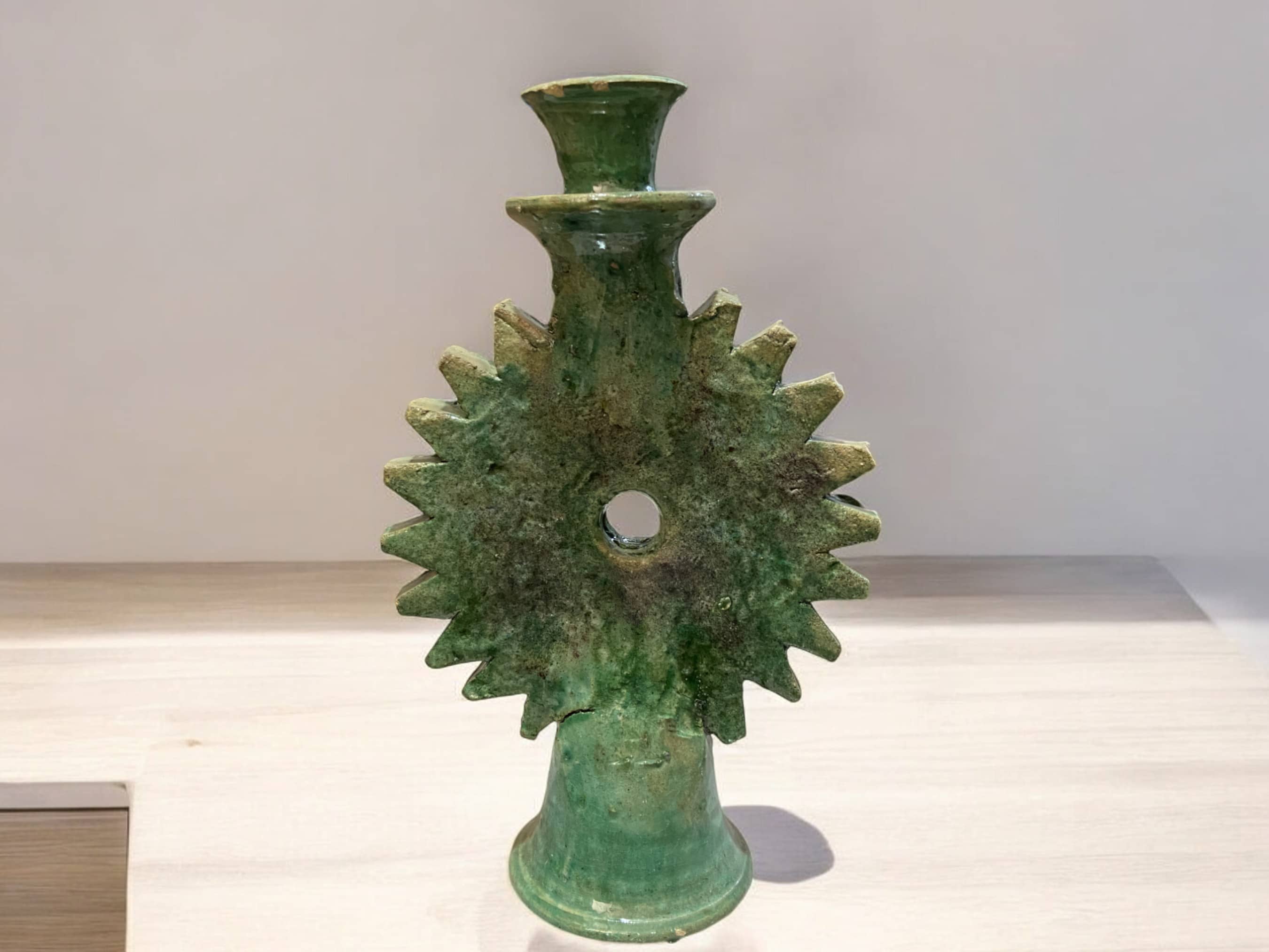 Moroccantastics - Wholesale Candle Holder - Handmade Tamegroute Green Ceramic Candle Holders - Sun Design1