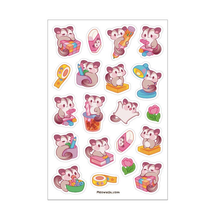 Sugar Glider and Stationery Sticker Sheet for wholesale by Meowashi Studio