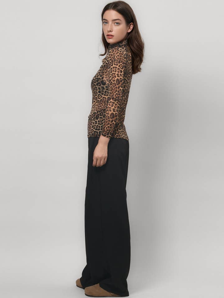 Dipped Shop - Wholesale Blouse - Women's - Leopard Print HIgh Collar Slim Fit Sexy Mesh Top DPT47968