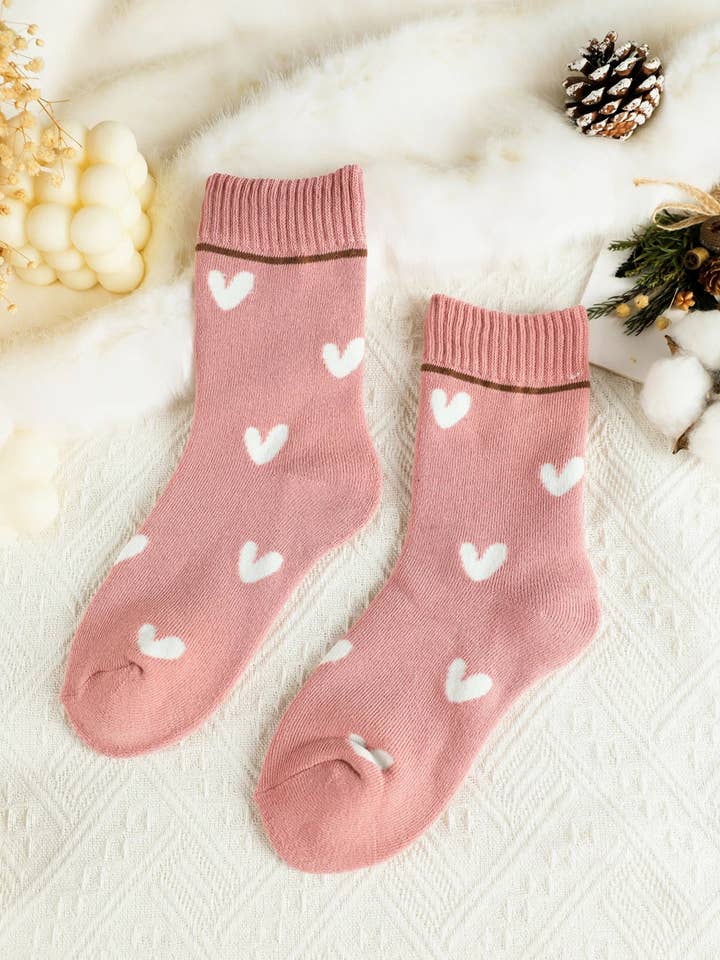 Pink Contrast Heart Print Ribbed Cuff Womens Crew Socks for wholesale on Faire4