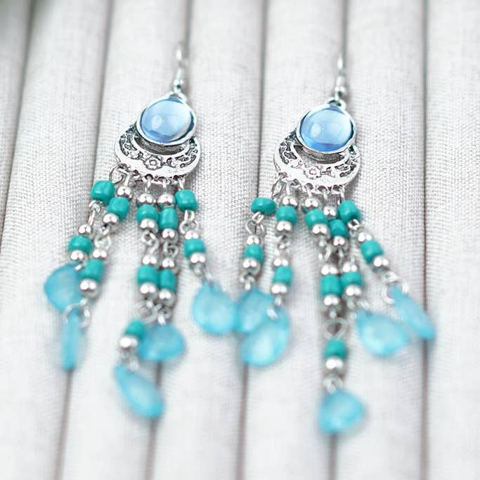 【Brincos de Gancho】Brincos com Pedras Azuis Banhados a Prata com Design Vintage de Borla com Missangas, Joalharia Elegante para Mulheres por atacado de digsell